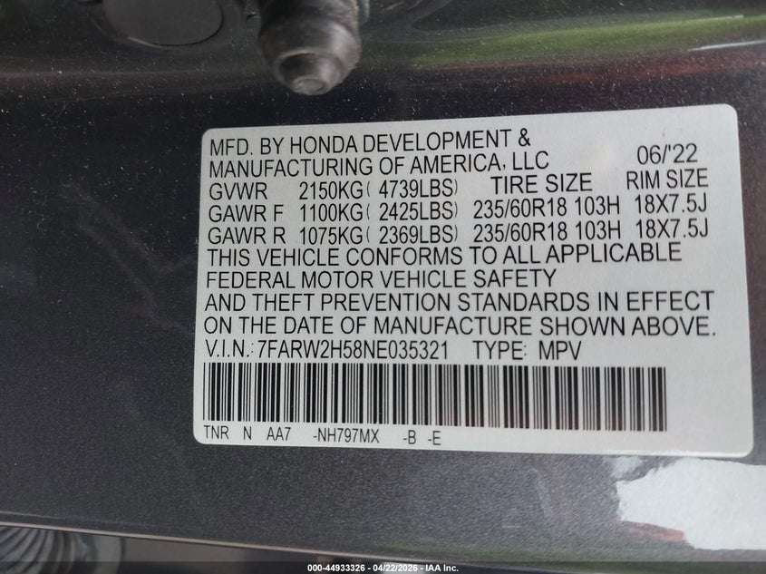 2022 Honda Cr-v VIN 7FARW2H58NE035321 IAAI salvage auction — RIGHT FRONT, Salvage (Pennsylvania), sold $11,100 on 2026-07-22 (photo 9)