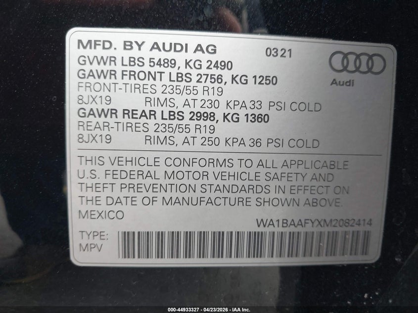2021 Audi Q5 VIN WA1BAAFYXM2082414 IAAI salvage auction — RIGHT SIDE, Salvage Title, sold $10,200 on 2026-07-23 (photo 9)