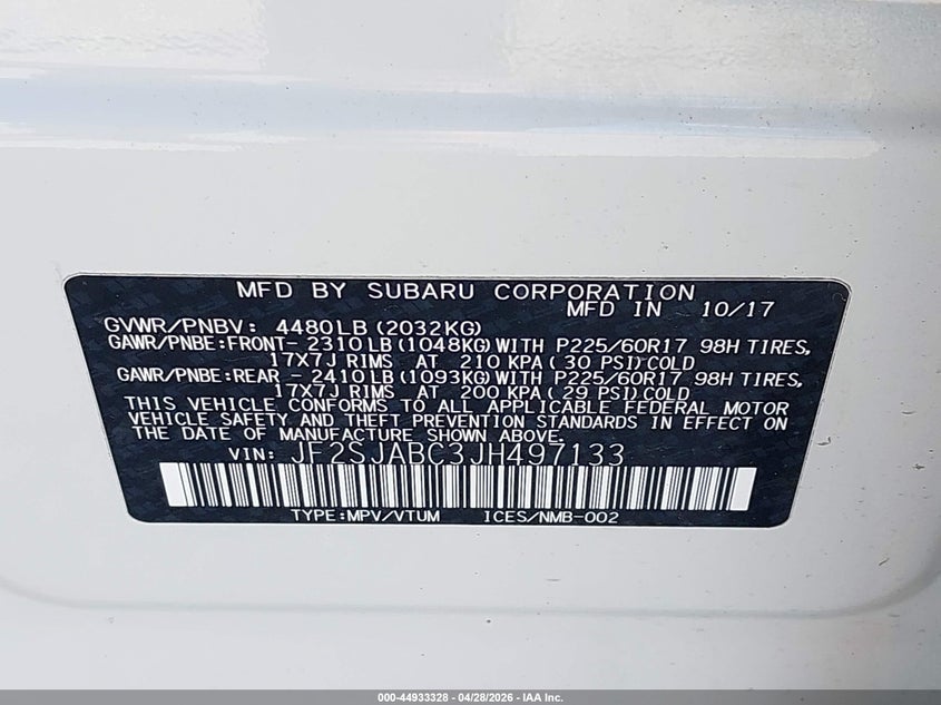 2018 Subaru Forester VIN JF2SJABC3JH497133 IAAI salvage auction — FRONT & REAR, Salvage (Indiana), sold $600 on 2026-07-09 (photo 9)