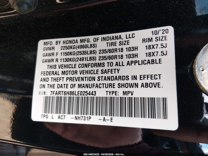2020 Honda Cr-v VIN 7FART6H86LE025443 IAAI salvage auction — LEFT FRONT, Salvage (Massachusetts), sold $10,000 on 2026-07-10 (photo 9)