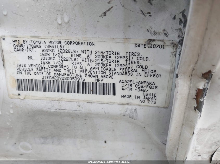 2002 Toyota Rav4 VIN JTEGH20V020050975 IAAI salvage auction — NORMAL WEAR, Clear (Arkansas), sold $1,200 on 2026-07-06 (photo 9)