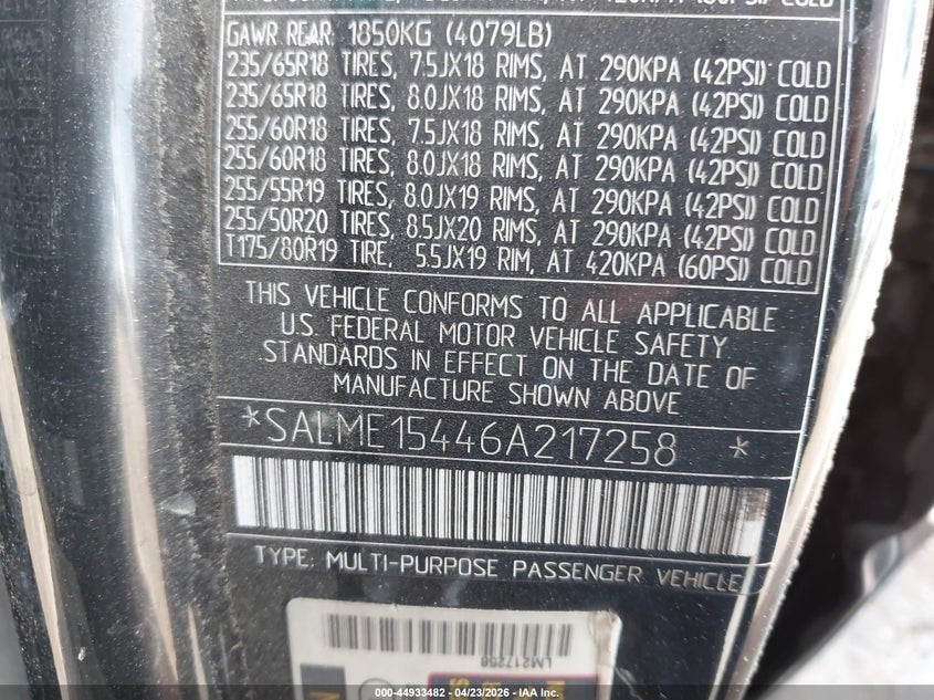 2006 Land rover RANGE ROVER VIN SALME15446A217258 IAAI salvage auction — FRONT END, Salvage (California), sold $25 on 2026-07-21 (photo 9)