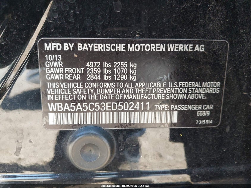 2014 BMW 5er VIN WBA5A5C53ED502411 IAAI salvage auction — LEFT FRONT, Salvage Title, sold $500 on 2026-08-17 (photo 9)