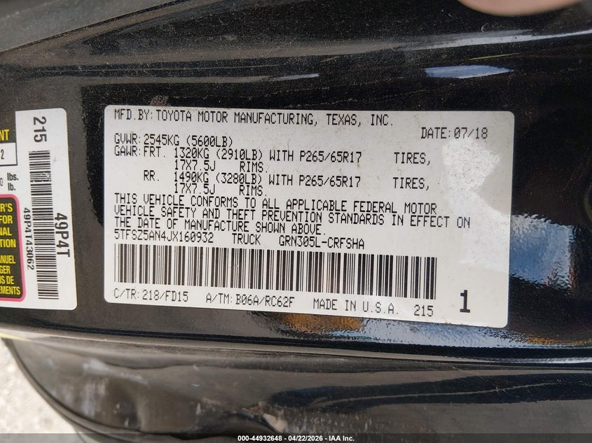 2018 Toyota Tacoma VIN 5TFSZ5AN4JX160932 IAAI salvage auction — LEFT SIDE, Salvage (Connecticut), sold $5,600 on 2026-07-22 (photo 9)