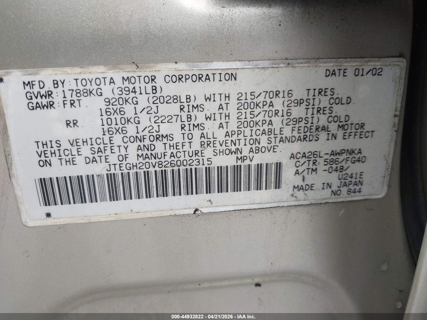 2002 Toyota Rav 4 VIN JTEGH20V826002315 IAAI salvage auction — NORMAL WEAR, Salvage (Idaho), sold $975 on 2026-07-22 (photo 9)