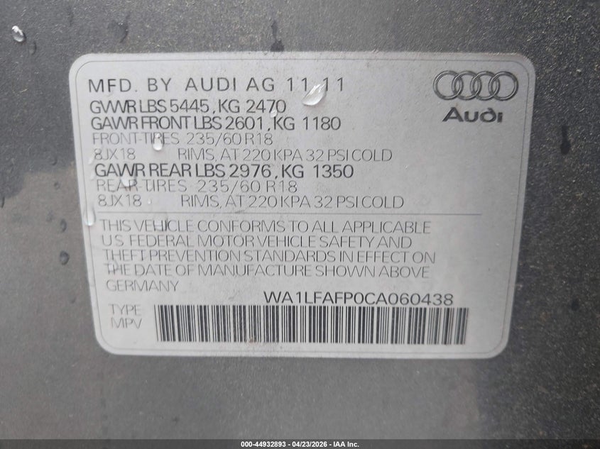 2012 Audi Q5 VIN WA1LFAFP0CA060438 IAAI salvage auction — FRONT END, Salvage (Alabama), sold $725 on 2026-07-15 (photo 9)