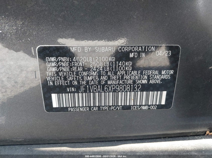 2023 Subaru Wrx VIN JF1VBAL6XP9808132 IAAI salvage auction — RIGHT FRONT, Salvage Title, sold $11,025 on 2026-07-16 (photo 9)