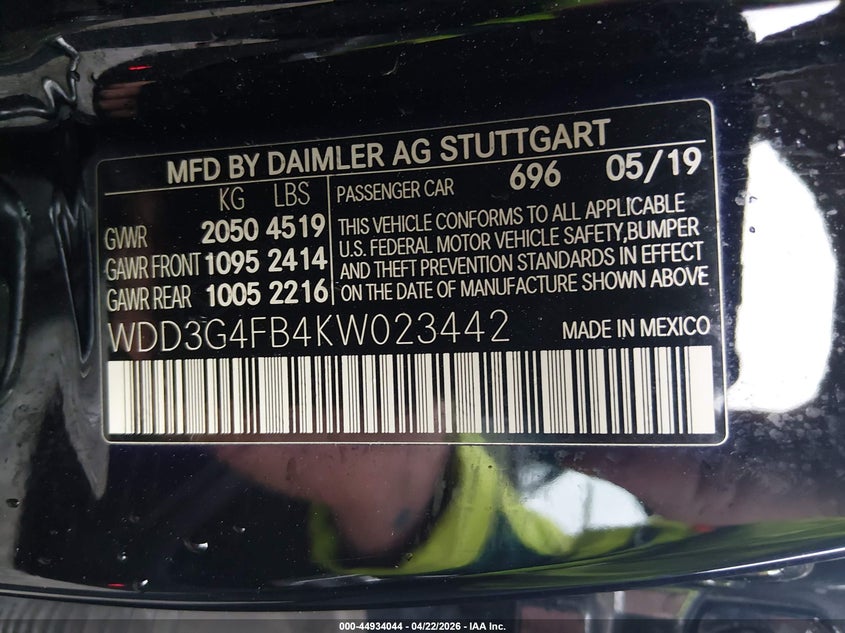 2019 Mercedes-benz A-klasse VIN WDD3G4FB4KW023442 IAAI salvage auction — FRONT END, Salvage (Idaho), sold $8,700 on 2026-07-09 (photo 9)