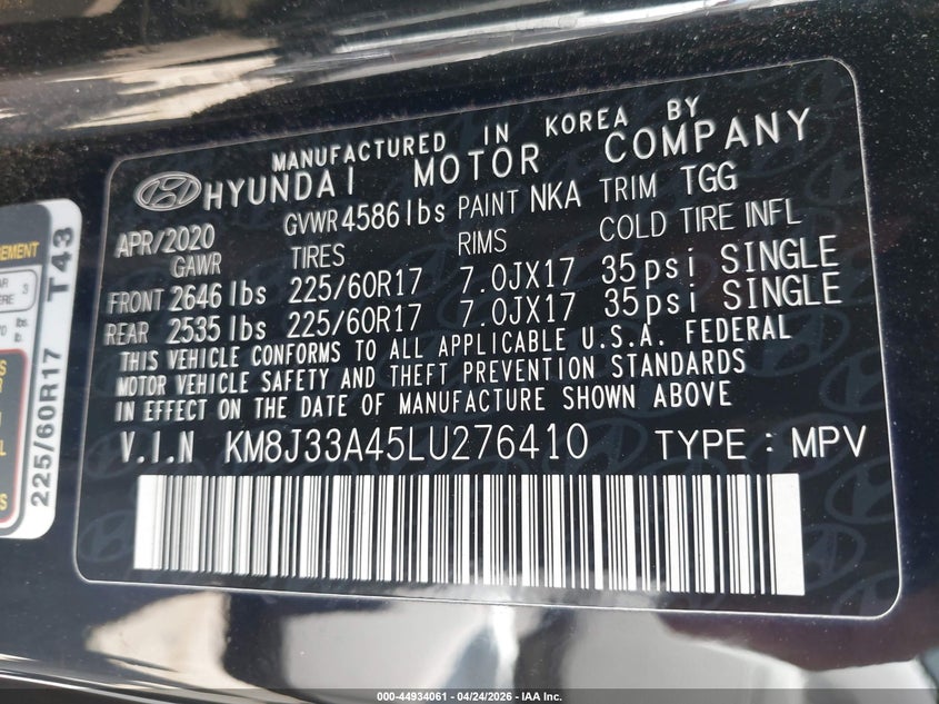 2020 Hyundai Tucson VIN KM8J33A45LU276410 IAAI salvage auction — FRONT END, Salvage (Texas), sold $2,600 on 2026-07-14 (photo 9)