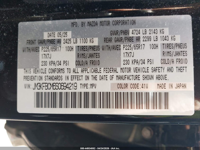 2025 Mazda Cx-5 VIN JM3KFBCM6S0694219 IAAI salvage auction — HAIL, Salvage Title, sold $9,550 on 2026-07-21 (photo 9)