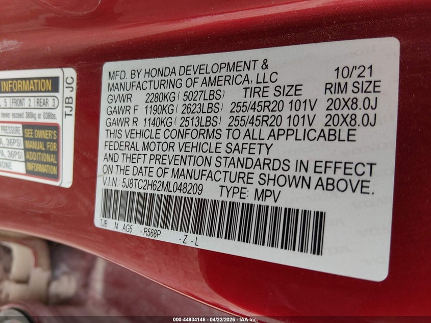 2021 Acura Rdx VIN 5J8TC2H62ML048209 IAAI salvage auction — RIGHT REAR, Salvage Title, sold $11,200 on 2026-08-25 (photo 9)
