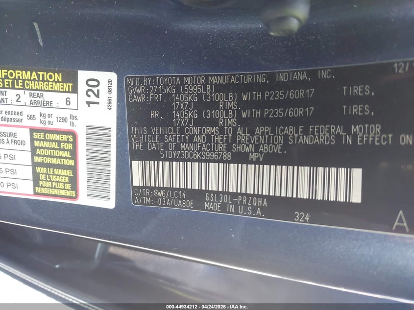 2019 Toyota Sienna VIN 5TDYZ3DC6KS996788 IAAI salvage auction — LEFT FRONT, Salvage (Georgia), sold $3,700 on 2026-07-14 (photo 9)