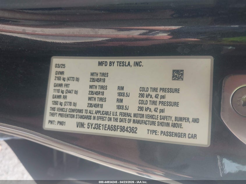 2025 Tesla Model 3 VIN 5YJ3E1EA6SF984362 IAAI salvage auction — FRONT END, Salvage (Illinois), sold $12,900 on 2026-07-30 (photo 9)