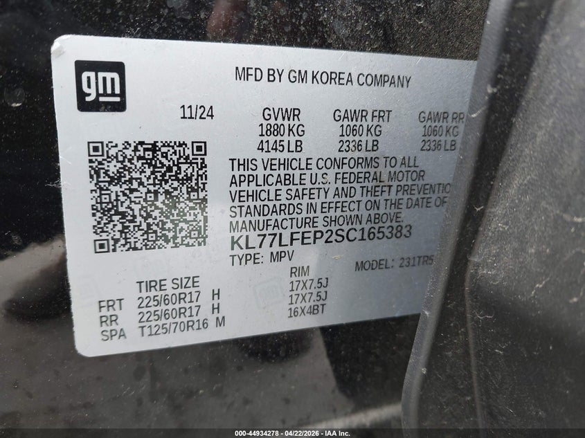 2025 Chevrolet Trax VIN KL77LFEP2SC165383 IAAI salvage auction — ROLLOVER, Salvage (Texas), sold $1,700 on 2026-07-24 (photo 9)