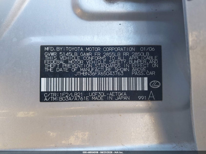 2006 Lexus Ls 430 VIN JTHBN36FX65043763 IAAI salvage auction — FRONT END, Salvage (Hawaii), sold $100 on 2026-07-14 (photo 9)