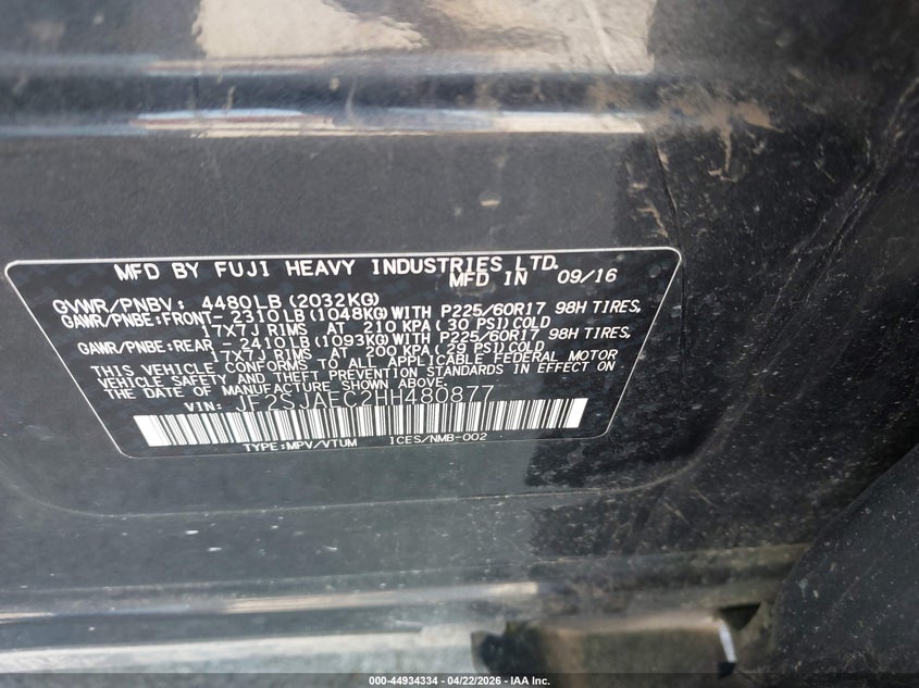 2017 Subaru Forester VIN JF2SJAEC2HH480877 IAAI salvage auction — HAIL, Salvage (Iowa), sold $2,100 on 2026-07-14 (photo 9)