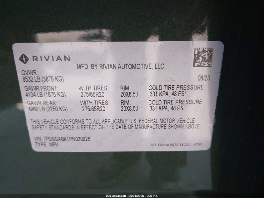 2023 Rivian R1s VIN 7PDSGABA1PN020926 IAAI salvage auction — RIGHT SIDE, Salvage (California), sold $19,250 on 2026-07-09 (photo 9)