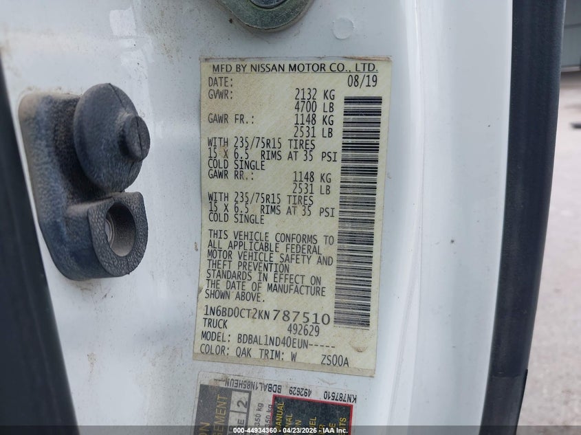 2019 Nissan Navara (frontier) VIN 1N6BD0CT2KN787510 IAAI salvage auction — FRONT END, Original (Texas), sold $3,800 on 2026-07-09 (photo 9)