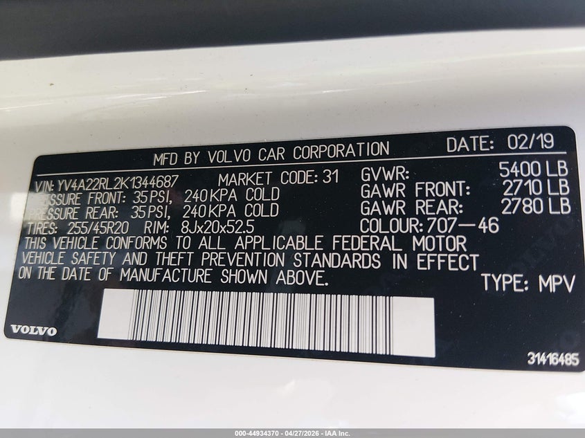 2019 Volvo Xc60 VIN YV4A22RL2K1344687 IAAI salvage auction — REAR END, Original (Texas), sold $8,500 on 2026-07-14 (photo 9)