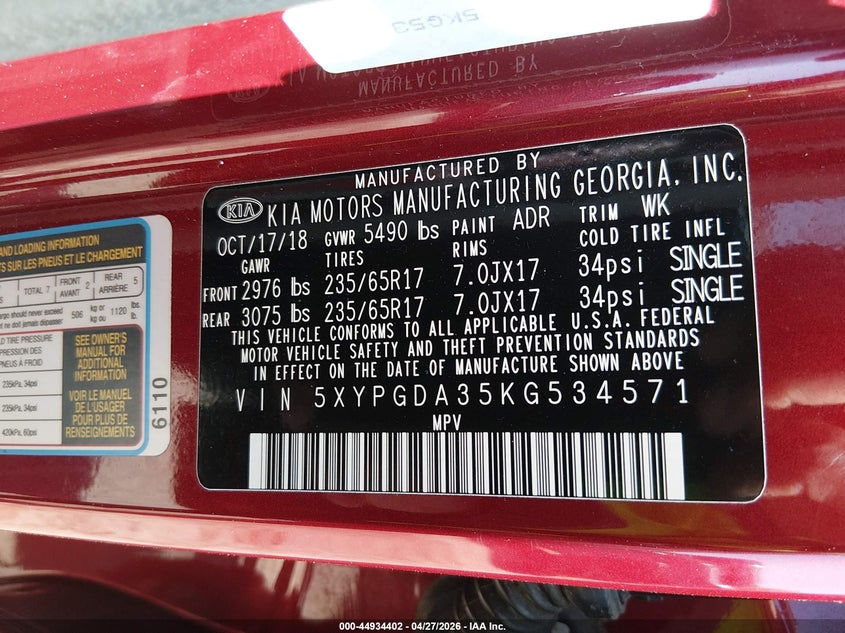 2019 Kia Sorento VIN 5XYPGDA35KG534571 IAAI salvage auction — RIGHT SIDE, Salvage Title, sold $1,750 on 2026-09-11 (photo 9)
