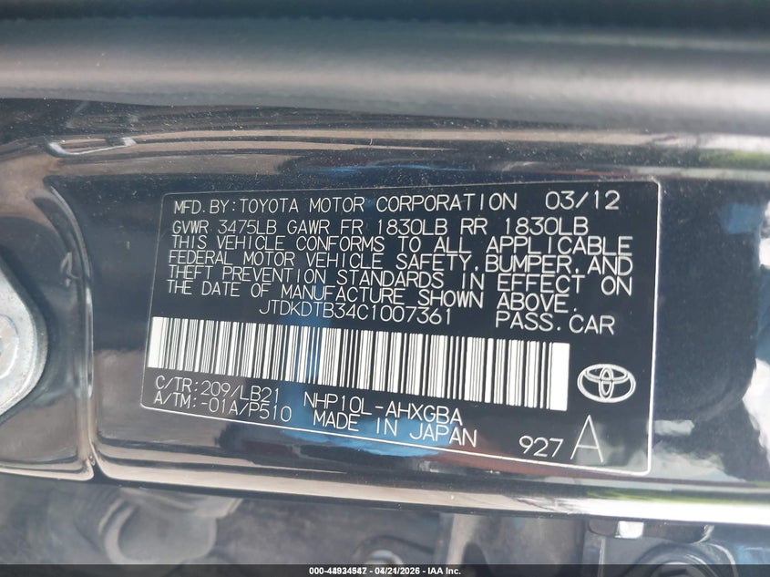 2012 Toyota Prius c VIN JTDKDTB34C1007361 IAAI salvage auction — FRONT & REAR, Salvage (Idaho), sold $1,475 on 2026-07-31 (photo 9)