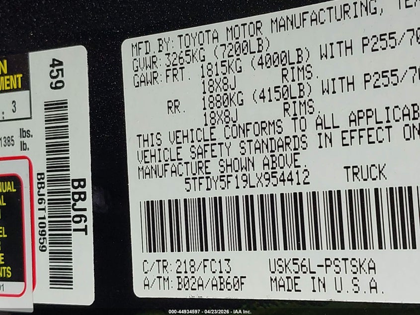 2020 Toyota Tundra VIN 5TFDY5F19LX954412 IAAI salvage auction — REAR END, Original (Texas), sold $20,075 on 2026-07-10 (photo 9)