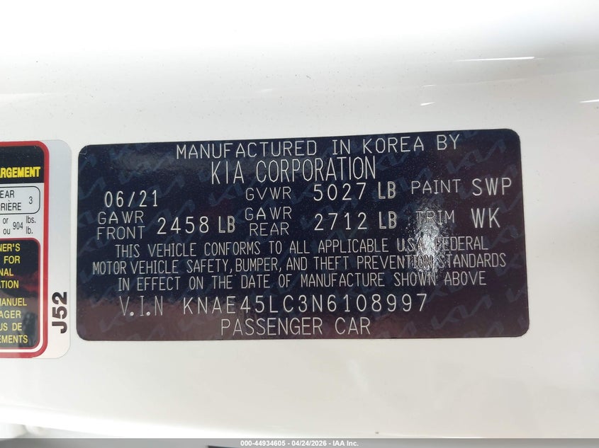 2022 Kia Stinger VIN KNAE45LC3N6108997 IAAI salvage auction — FRONT END, Salvage Title, sold $4,800 on 2026-07-07 (photo 9)