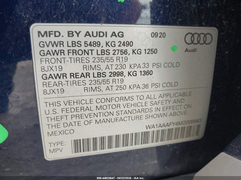 2021 Audi Q5 VIN WA1AAAFY4M2008983 IAAI salvage auction — UNKNOWN, Salvage (Illinois), sold $10,100 on 2026-07-21 (photo 9)