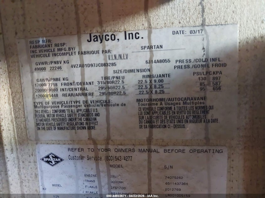 2018 Spartan Motorhome VIN 4VZAU1D97JC083285 IAAI salvage auction — Burn Interior, Salvage (North Carolina), sold $50,500 on 2026-07-23 (photo 9)