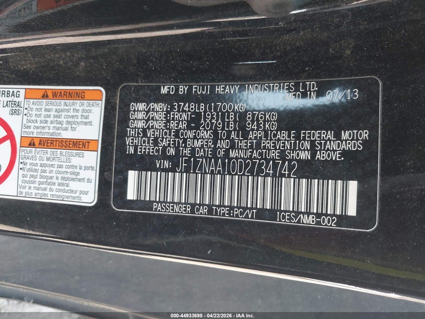 2013 Scion Fr-s VIN JF1ZNAA10D2734742 IAAI salvage auction — REAR END, Salvage (Georgia), sold $2,750 on 2026-07-24 (photo 9)