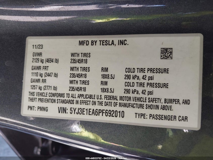 2023 Tesla Model 3 VIN 5YJ3E1EA6PF692010 IAAI salvage auction — SIDE, Salvage (Arizona), sold $4,750 on 2026-07-10 (photo 9)