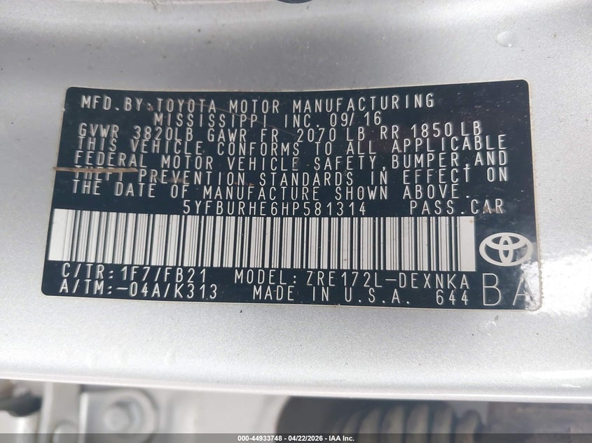 2017 Toyota Corolla VIN 5YFBURHE6HP581314 IAAI salvage auction — LEFT FRONT, Clear (Arkansas), sold $1,700 on 2026-07-22 (photo 9)