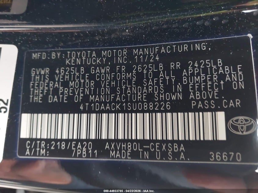2025 Toyota Camry VIN 4T1DAACK1SU088226 IAAI salvage auction — FRONT & REAR, Original (Texas), sold $13,300 on 2026-07-30 (photo 9)