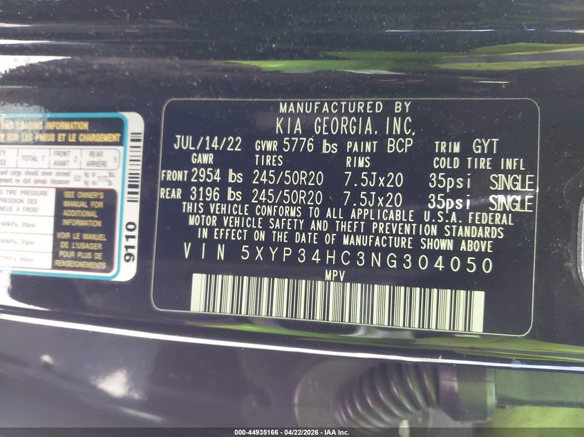 2022 Kia Telluride VIN 5XYP34HC3NG304050 IAAI salvage auction — LEFT FRONT, Certificate Of Destruction (Florida), sold $5,150 on 2026-07-06 (photo 9)