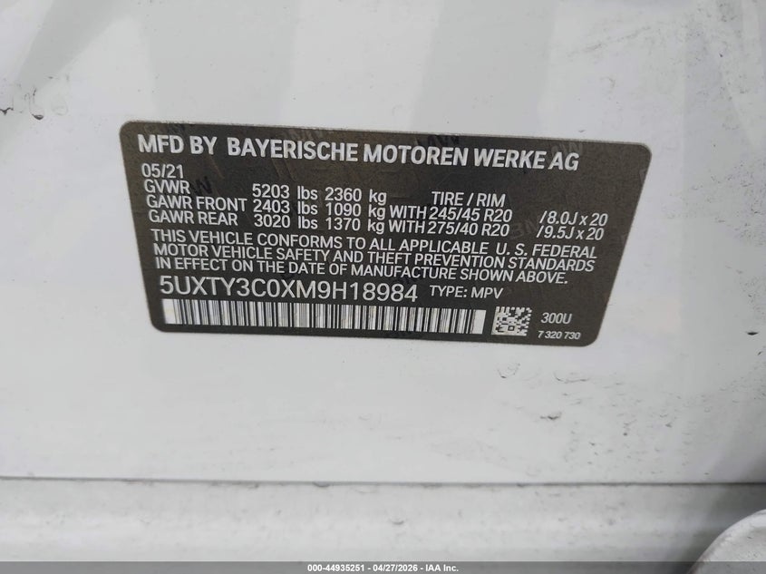 2021 BMW X3 VIN 5UXTY3C0XM9H18984 IAAI salvage auction — REAR END, Salvage Title, sold $11,325 on 2026-07-14 (photo 9)