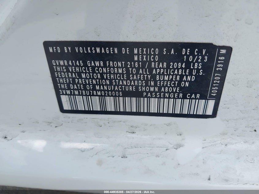 2024 Volkswagen Jetta VIN 3VW7M7BU7RM020006 IAAI salvage auction — FRONT END, Original (Texas), sold $11,100 on 2026-07-10 (photo 9)