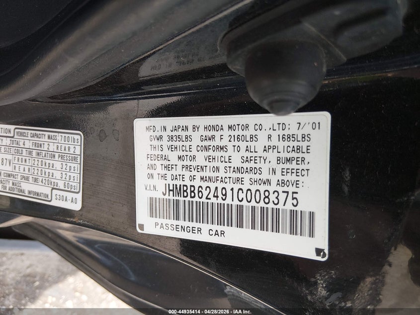 2001 Honda Prelude VIN JHMBB62491C008375 IAAI salvage auction — ROLLOVER, Junk (Missouri), sold $375 on 2026-07-07 (photo 9)