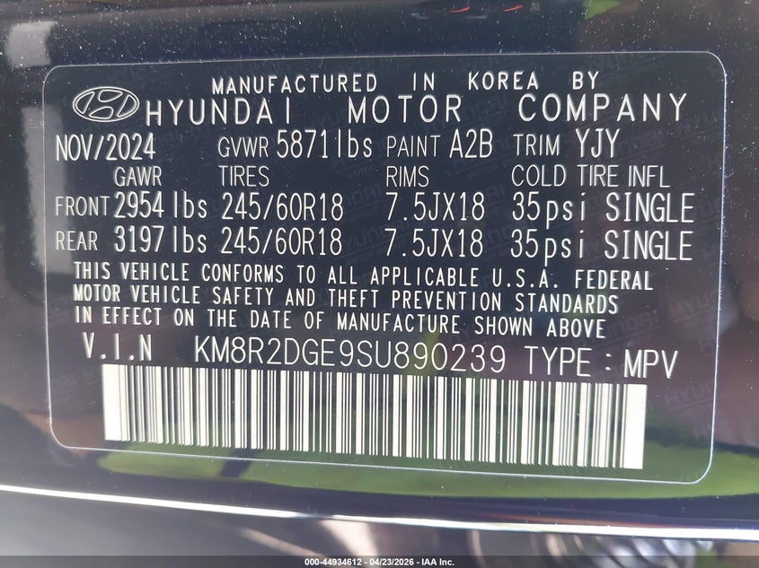 2025 Hyundai Palisade VIN KM8R2DGE9SU890239 IAAI salvage auction — REAR END, Salvage (Illinois), sold $13,800 on 2026-07-14 (photo 9)
