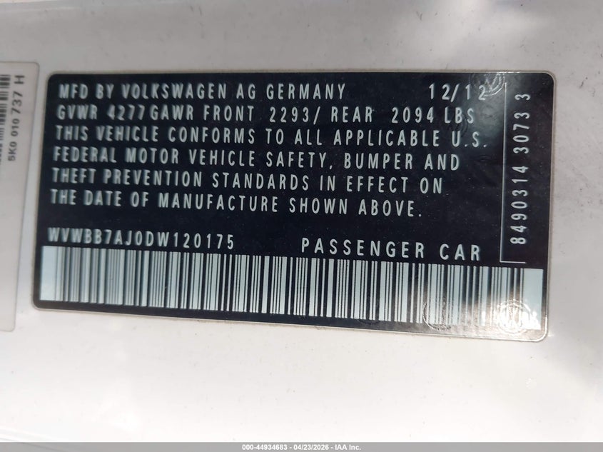 2013 Volkswagen Golf VIN WVWBB7AJ0DW120175 IAAI salvage auction — LEFT SIDE, Wait Title, sold $1,050 on 2026-07-17 (photo 9)