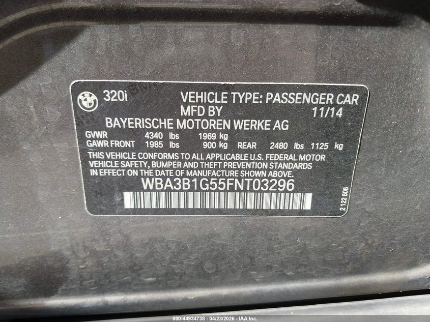 2015 BMW 3er VIN WBA3B1G55FNT03296 IAAI salvage auction — REAR END, Salvage Title, sold $2,400 on 2026-07-09 (photo 9)