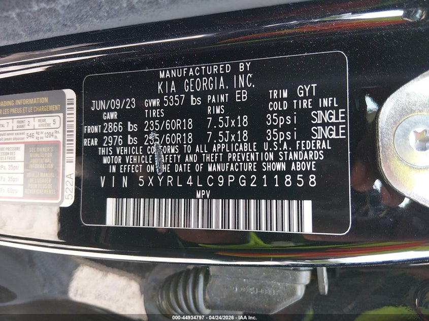 2023 Kia Sorento VIN 5XYRL4LC9PG211858 IAAI salvage auction — REAR END, Salvage Title, sold $7,250 on 2026-07-07 (photo 9)