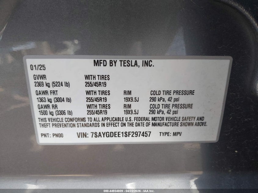 2025 Tesla Model y VIN 7SAYGDEE1SF297457 IAAI salvage auction — FRONT END, Salvage Title, sold $13,100 on 2026-07-23 (photo 9)
