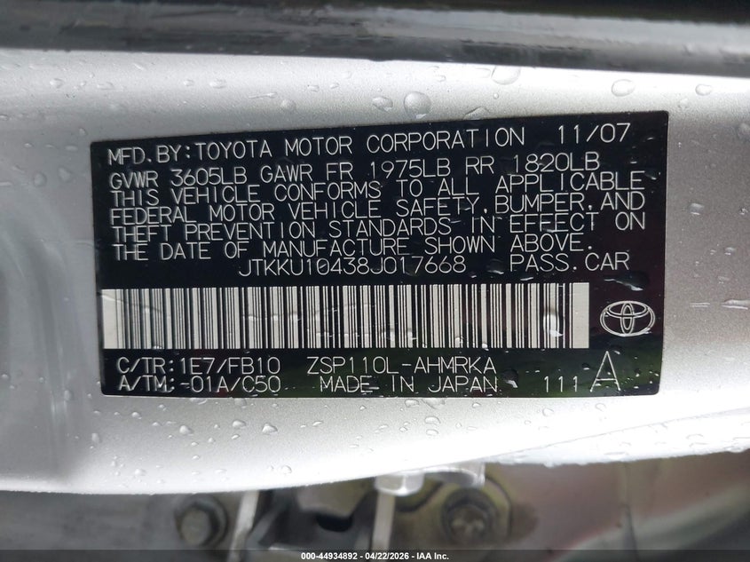 2008 Scion Xd VIN JTKKU10438J017668 IAAI salvage auction — REAR END, Salvage (Oregon), sold $600 on 2026-07-09 (photo 9)