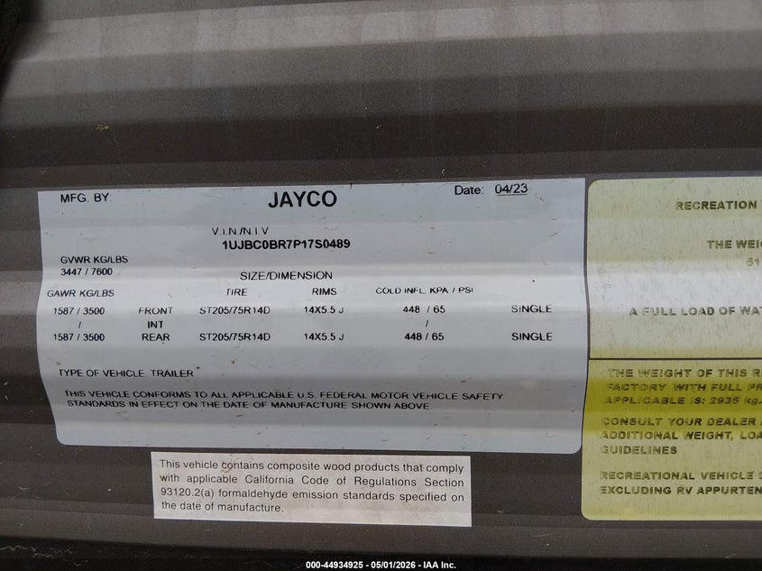 2023 Jayco Jayfl184bh VIN 1UJBC0BR7P17S0489 IAAI salvage auction — ROOF, Salvage (Louisiana), sold $25 on 2026-07-29 (photo 9)