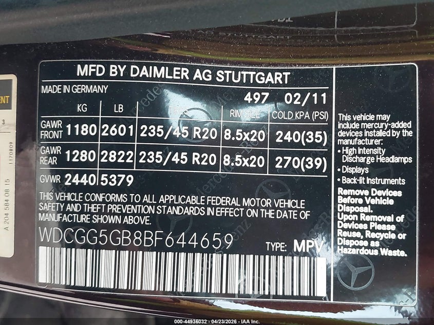 2011 Mercedes-benz Glk-klasse VIN WDCGG5GB8BF644659 IAAI salvage auction — LEFT SIDE, Original (Texas), sold $2,300 on 2026-07-29 (photo 9)