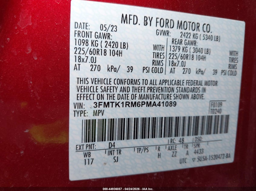 2023 Ford Mustang mach-e VIN 3FMTK1RM6PMA41089 IAAI salvage auction — FRONT END, Salvage Title, sold $4,950 on 2026-07-08 (photo 9)