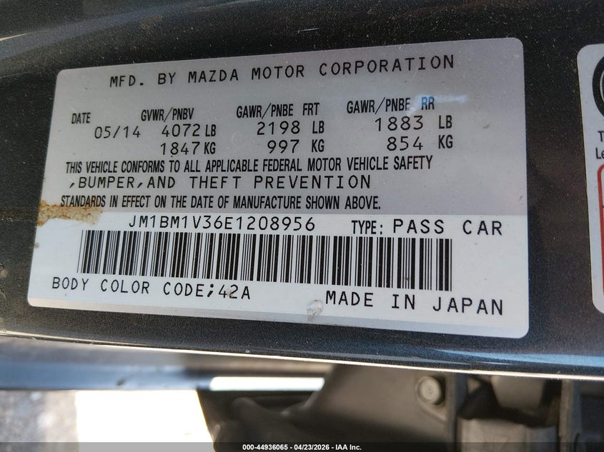 2014 Mazda 3 VIN JM1BM1V36E1208956 IAAI salvage auction — FRONT END, Salvage (Colorado), sold $1,850 on 2026-07-28 (photo 9)