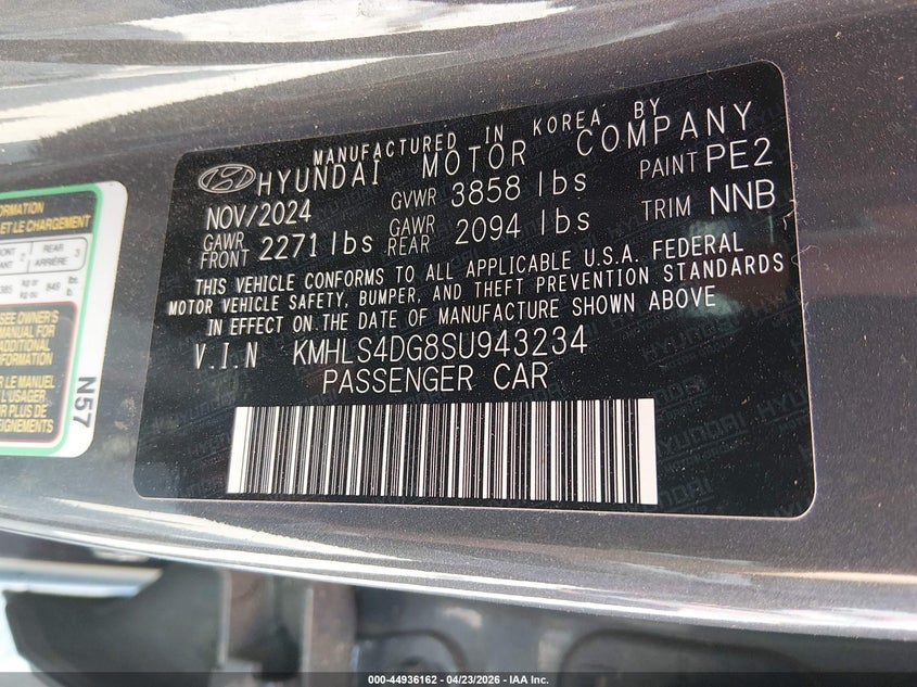 2025 Hyundai Elantra VIN KMHLS4DG8SU943234 IAAI salvage auction — FRONT END, Salvage (Georgia), sold $4,900 on 2026-07-31 (photo 9)