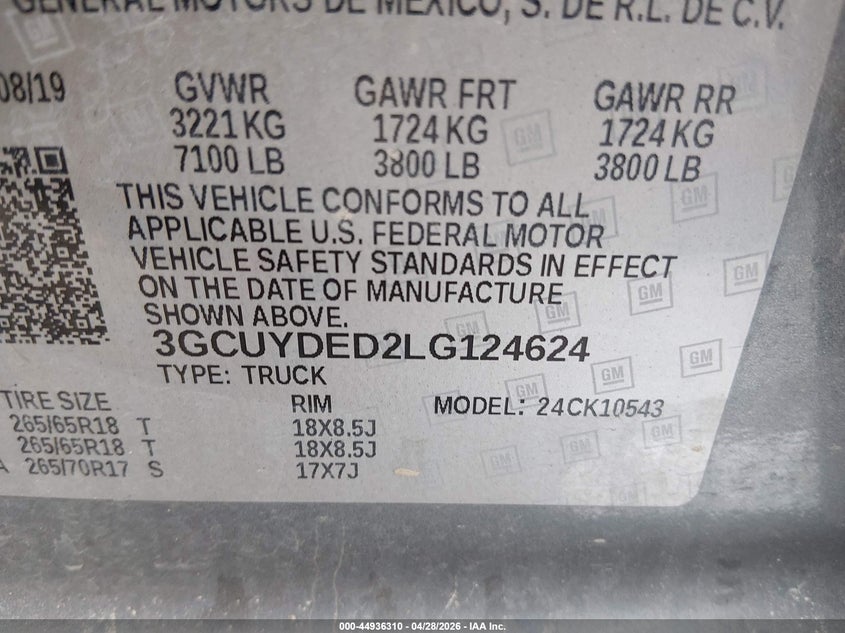 2020 Chevrolet Silverado VIN 3GCUYDED2LG124624 IAAI salvage auction — FRONT END, Salvage (Kansas), sold $8,150 on 2026-07-31 (photo 9)