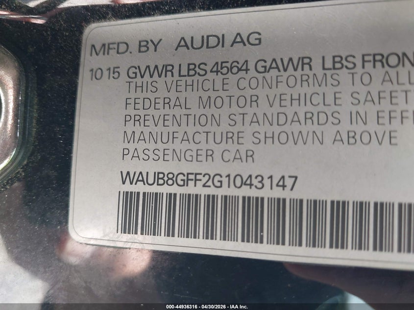 2016 Audi A3 VIN WAUB8GFF2G1043147 IAAI salvage auction — FRONT END, Salvage (Idaho), sold $2,350 on 2026-07-10 (photo 9)